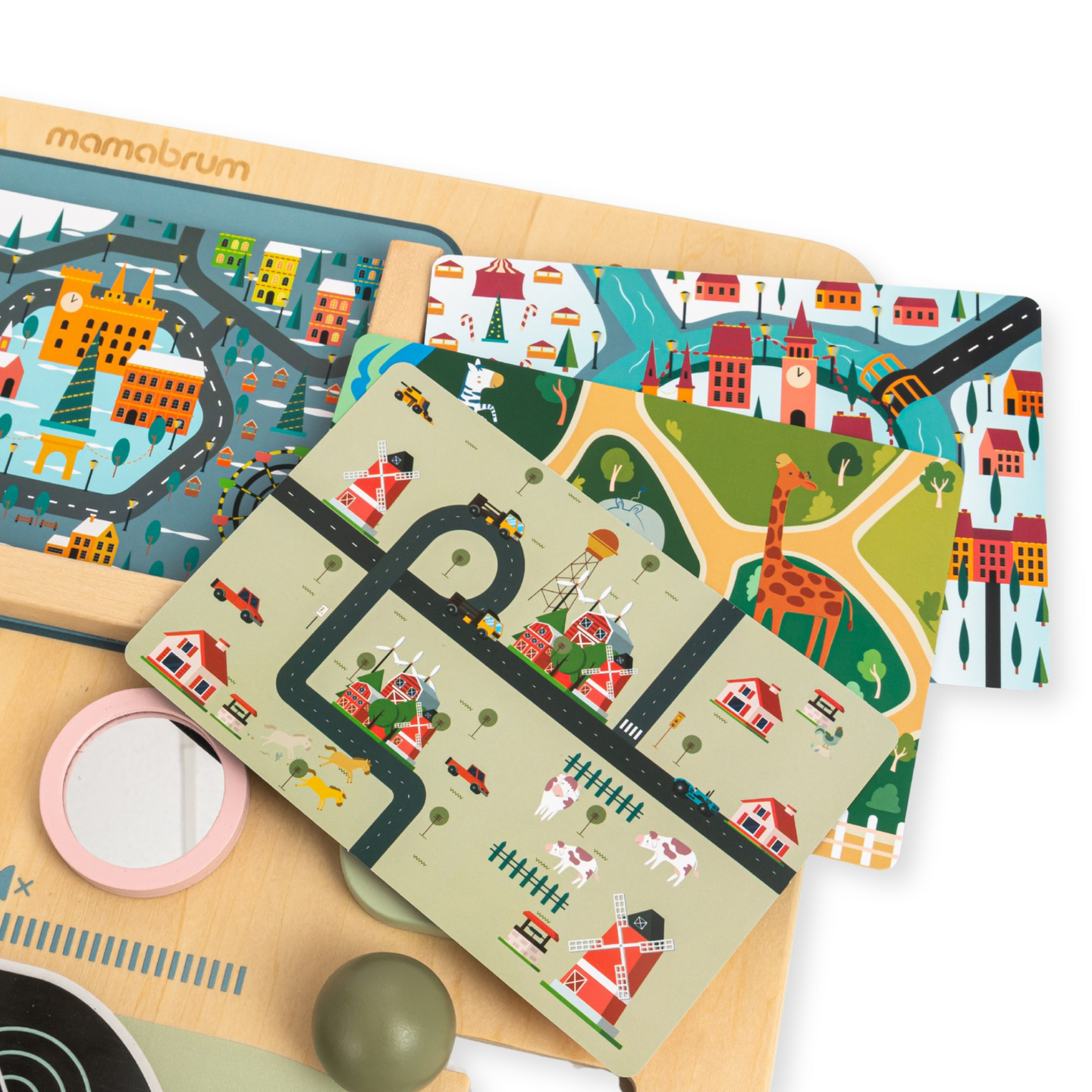 Puinen Montessori-lauta 2-in-1 Ohjaamo pienelle kuljettajalle ja lentäjälle – ohjauspyörä, vaihdekeppi, matkakartat, tutka