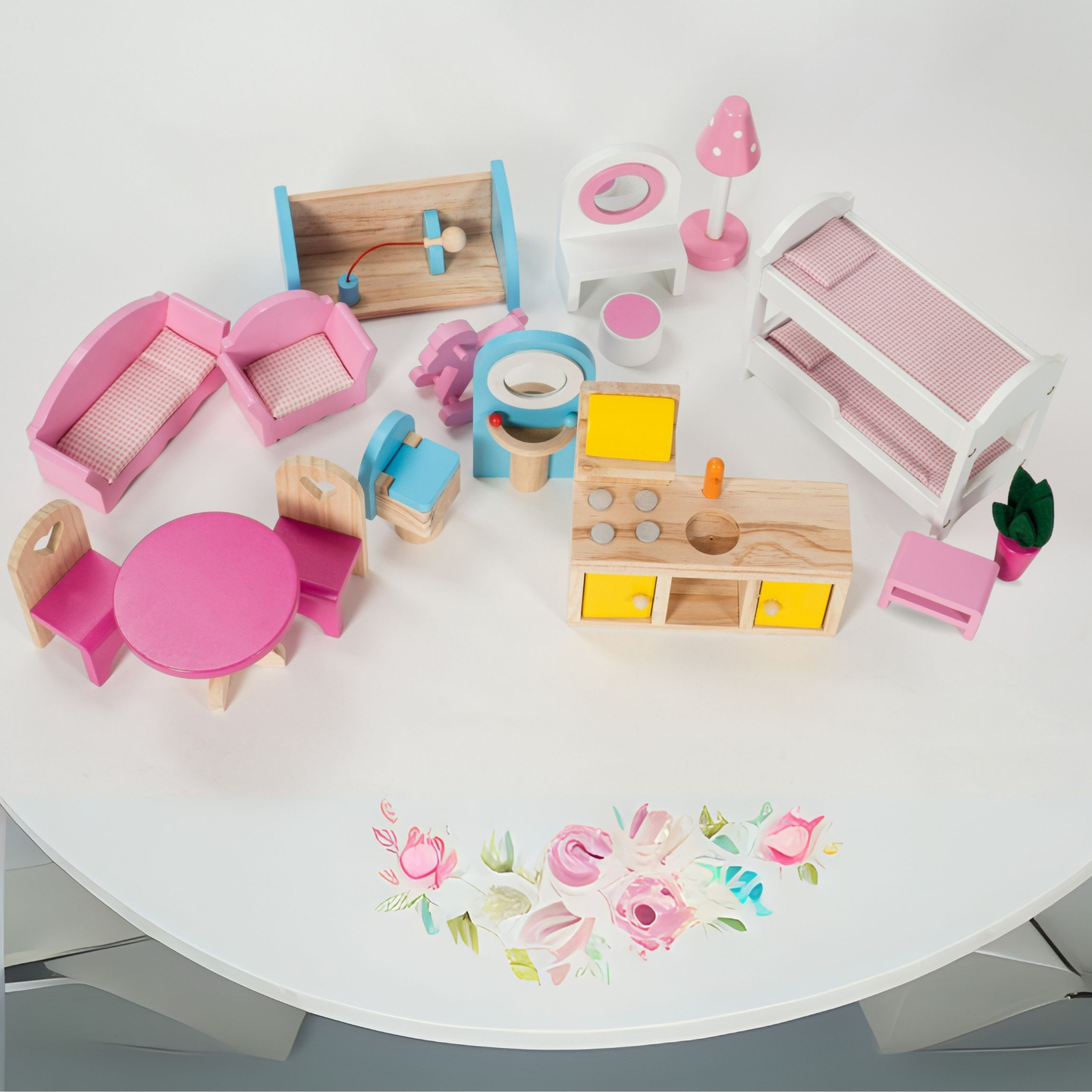 Suuri puinen 3-kerroksinen nukkekoti, jossa on terassi, kalustesarja ja LED-valaistus!