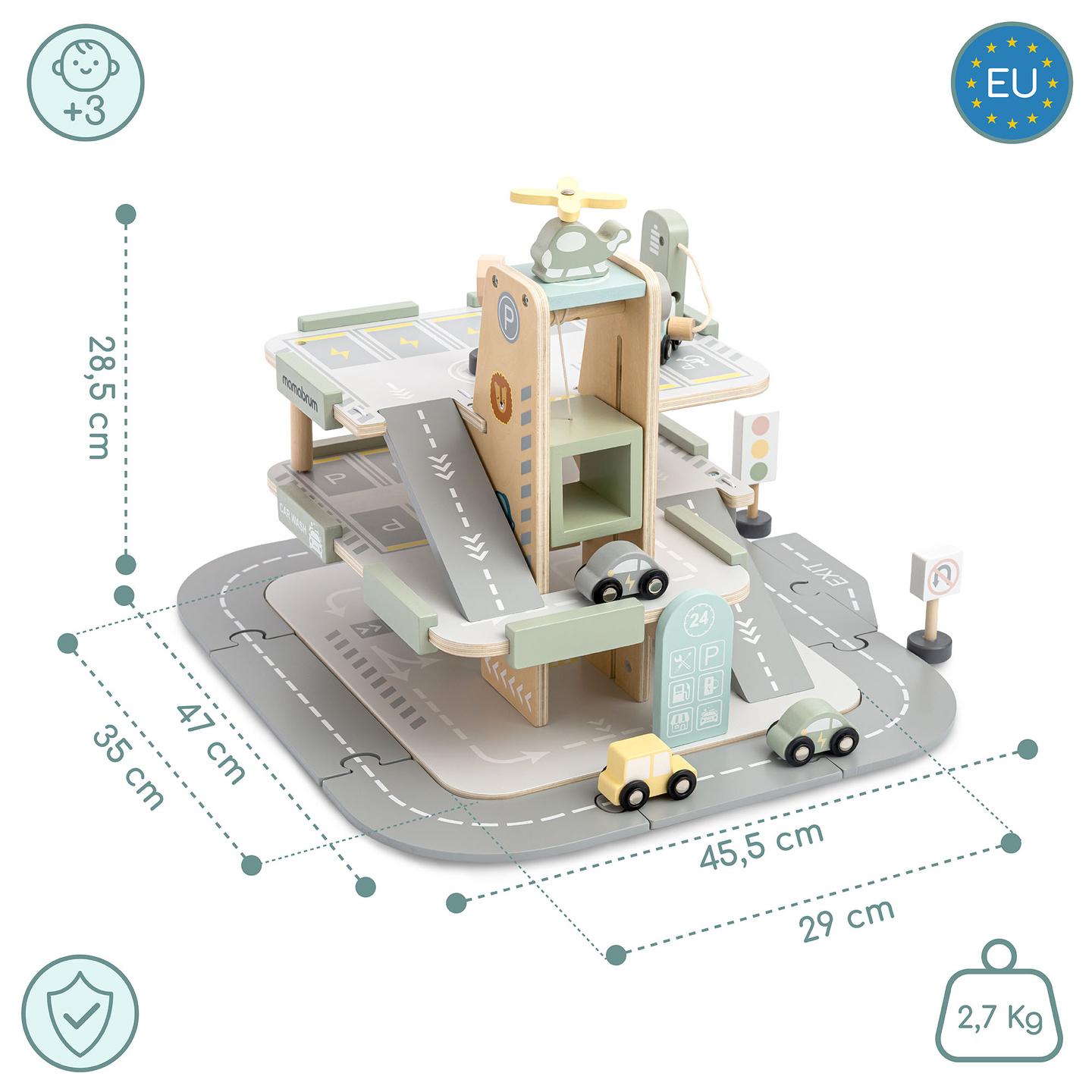 Puinen, kolmikerroksinen lasten autotalli varusteineen – pysäköintialue, huoltoasema, autopesula, helikopteri