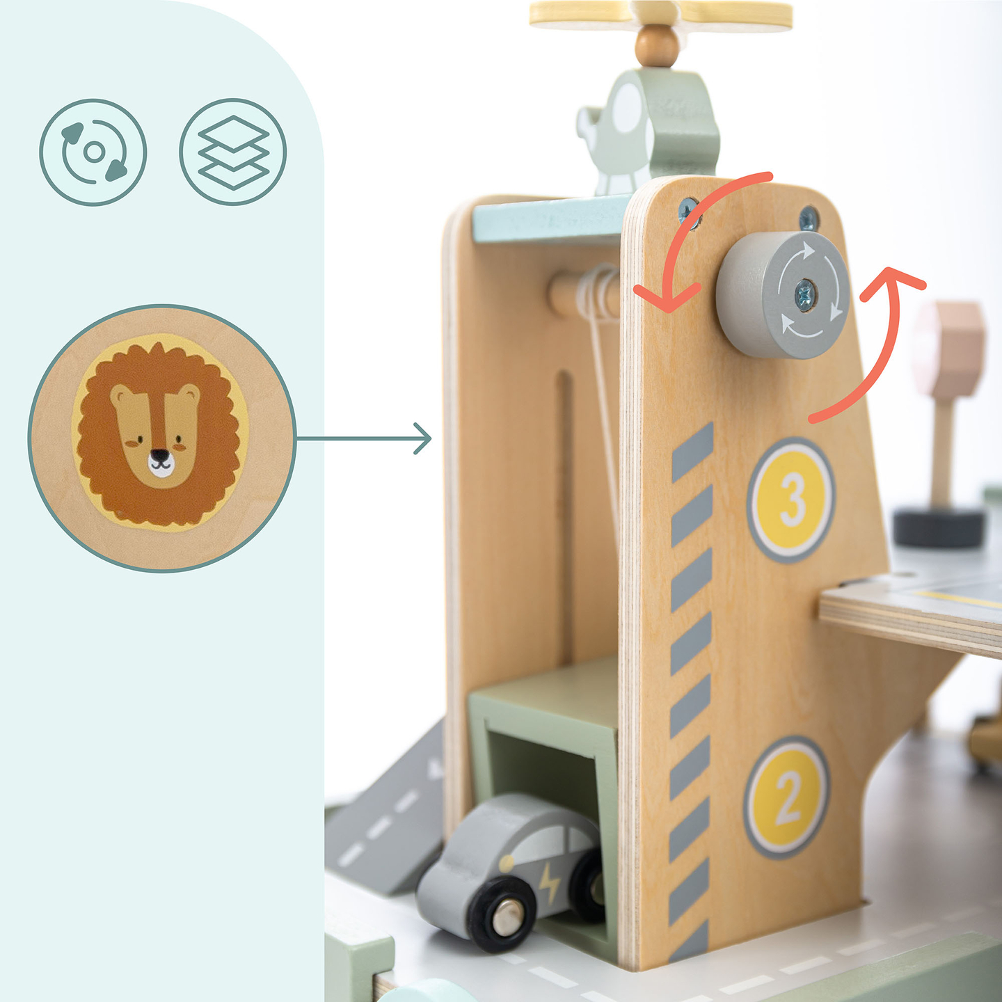 Puinen, kolmikerroksinen lasten autotalli varusteineen – pysäköintialue, huoltoasema, autopesula, helikopteri