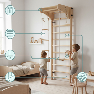 Puiset lasten voimistelutikkaat lisävarusteineen - lautaskeinu, voimistelurenkaat ja köysitikkaat