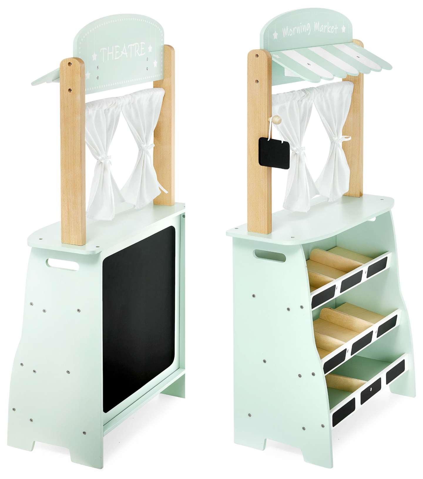 Suuri puukauppa - koju ja teatteri 2 in 1, jossa on vaaka, maksupääte, hedelmiä ja vihanneksia