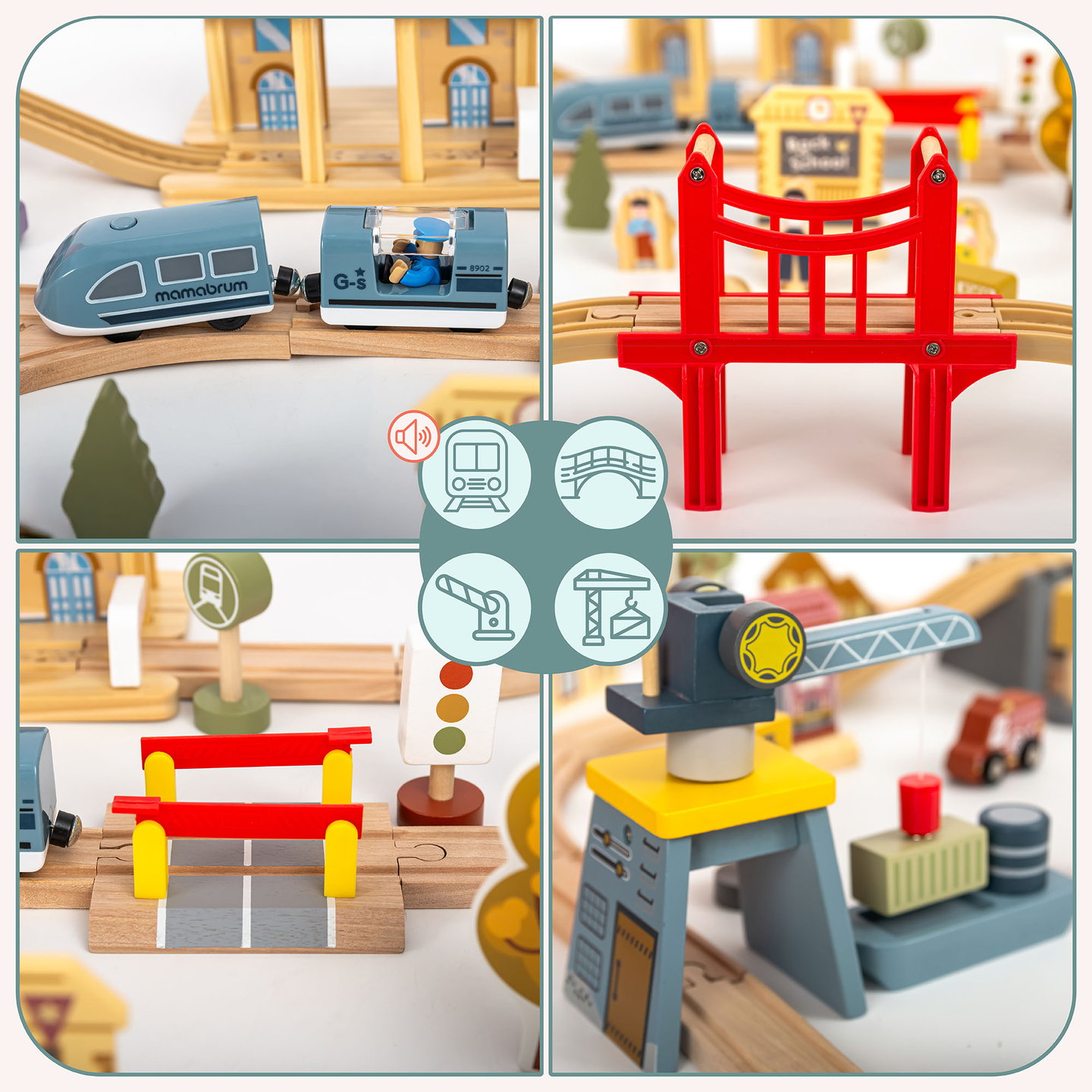 Puinen kaupungin rautatie sähköjunalla - liikkuva nosturi, laiva, sillat