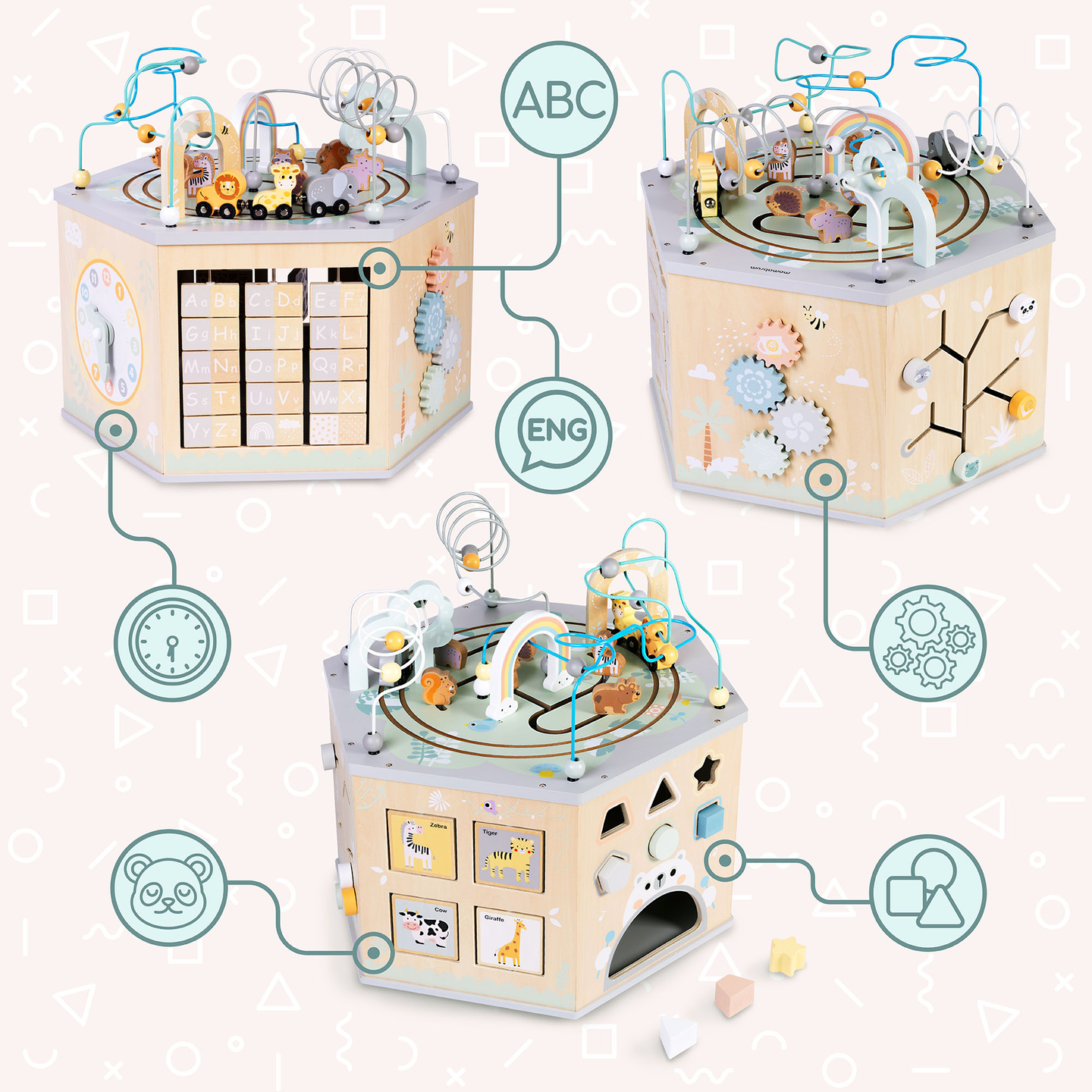 Suuri puinen opetuskuutio - Montessori-lelu, jossa on magneettijuna ja moottorilenkit