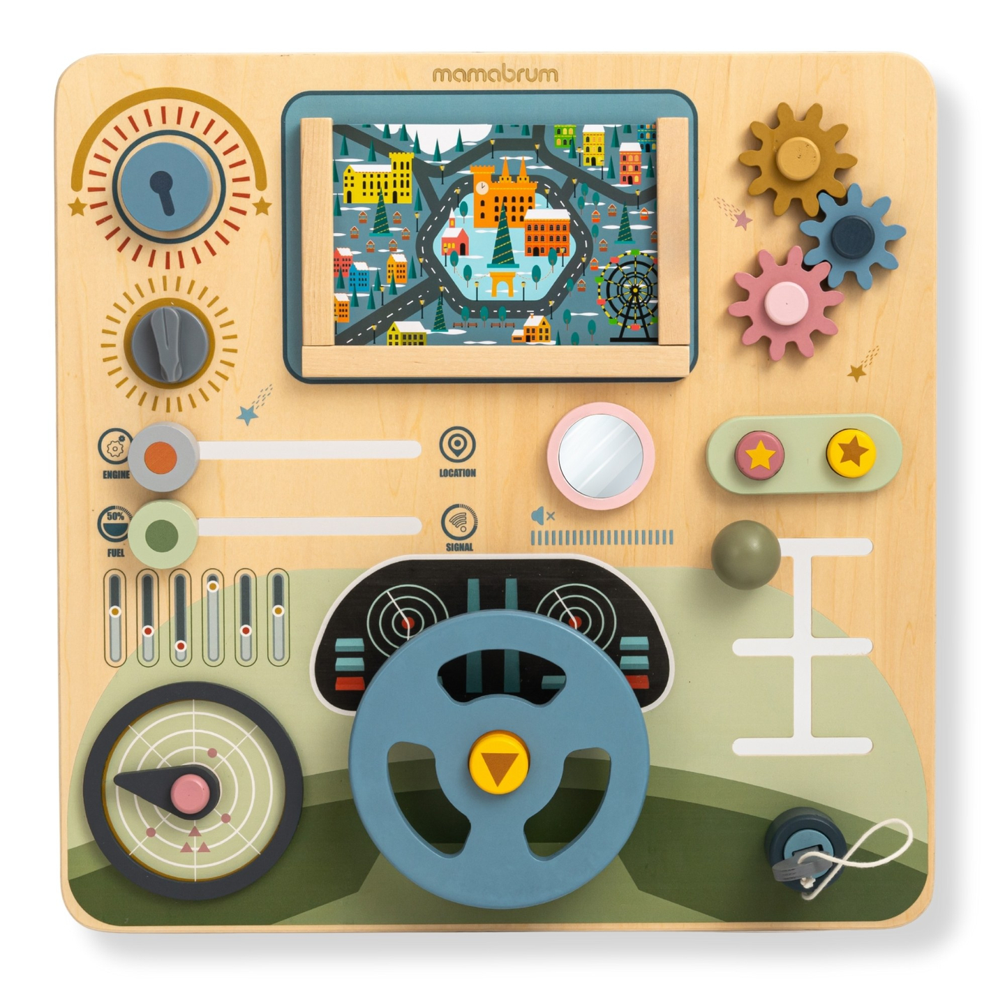 Puinen Montessori-lauta 2-in-1 Ohjaamo pienelle kuljettajalle ja lentäjälle – ohjauspyörä, vaihdekeppi, matkakartat, tutka