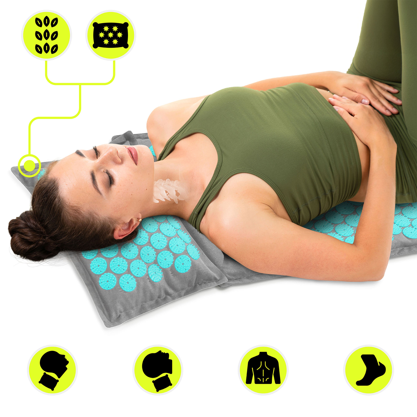 ECO-pellava-akupunktiomatto kookoskuidulla ja tattarityynyllä – 68 cm HyperMotion harmaa-minttu