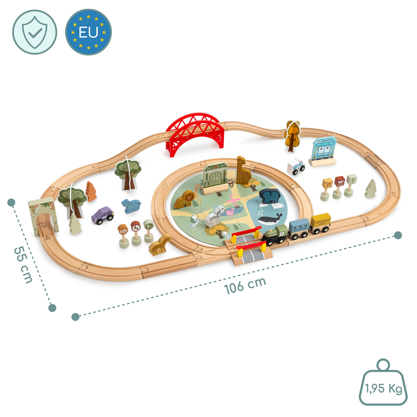 Puinen eläintarhan juna – palapeli, juna, raiteet, eläimet, silta, este