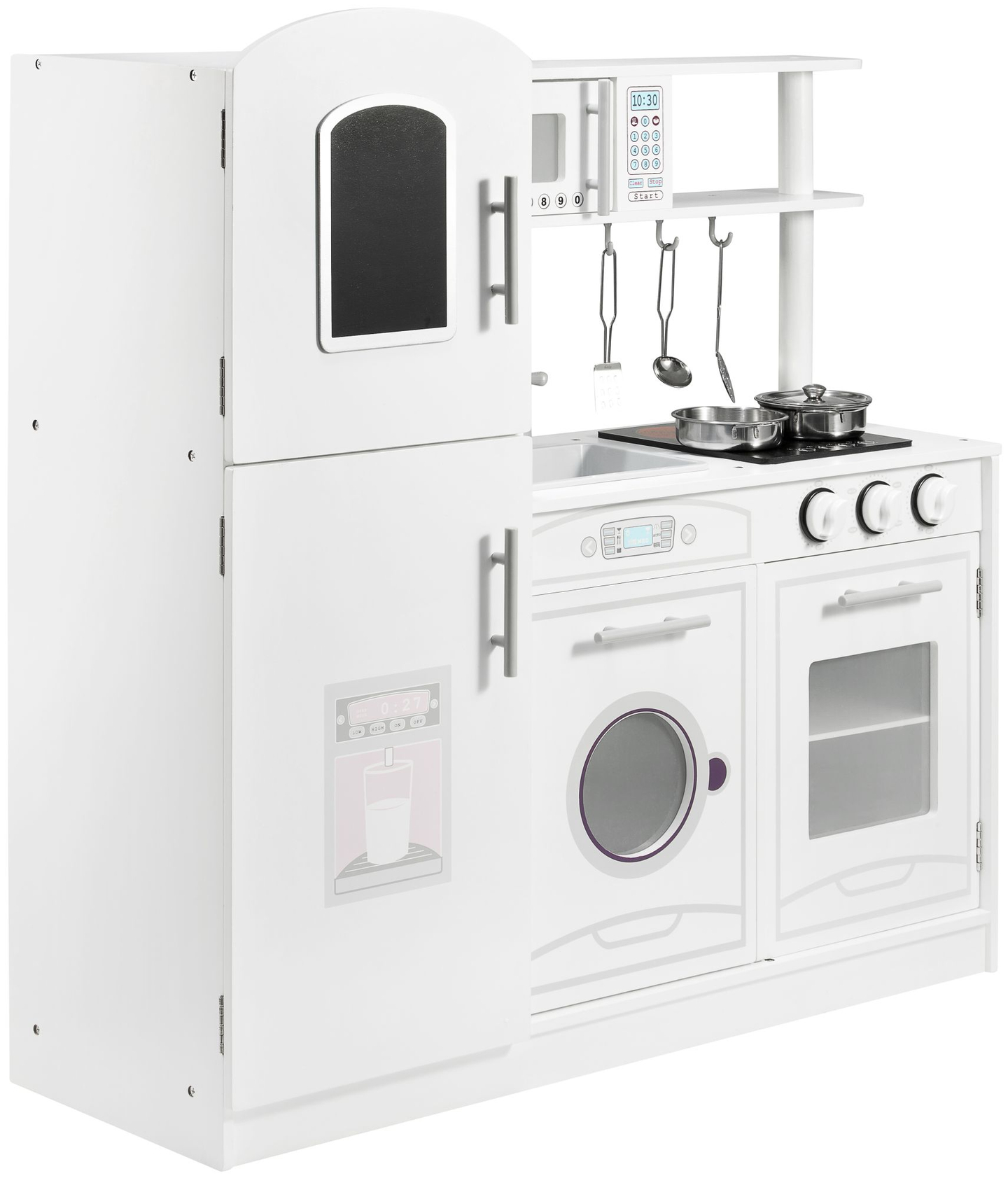 Suuret puiset valkoiset keittiötarvikkeet ja esiliina