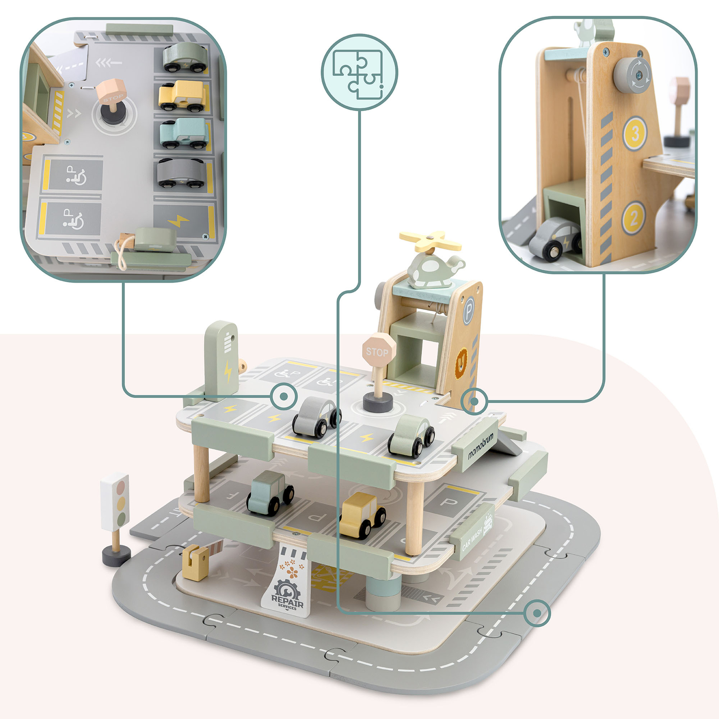 Puinen, kolmikerroksinen lasten autotalli varusteineen – pysäköintialue, huoltoasema, autopesula, helikopteri
