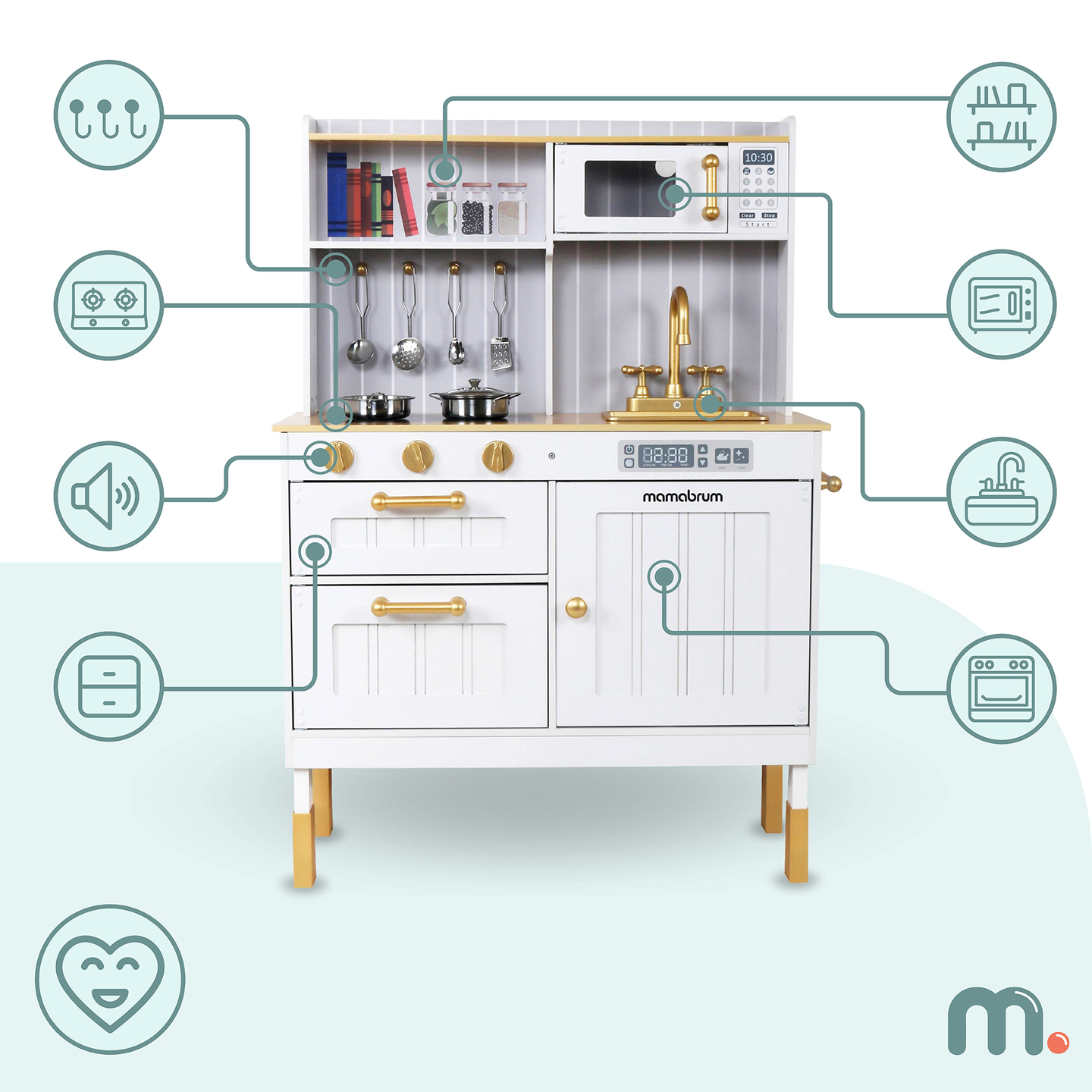 Puinen valkoinen keittiö tarvikkeineen ja esiliina