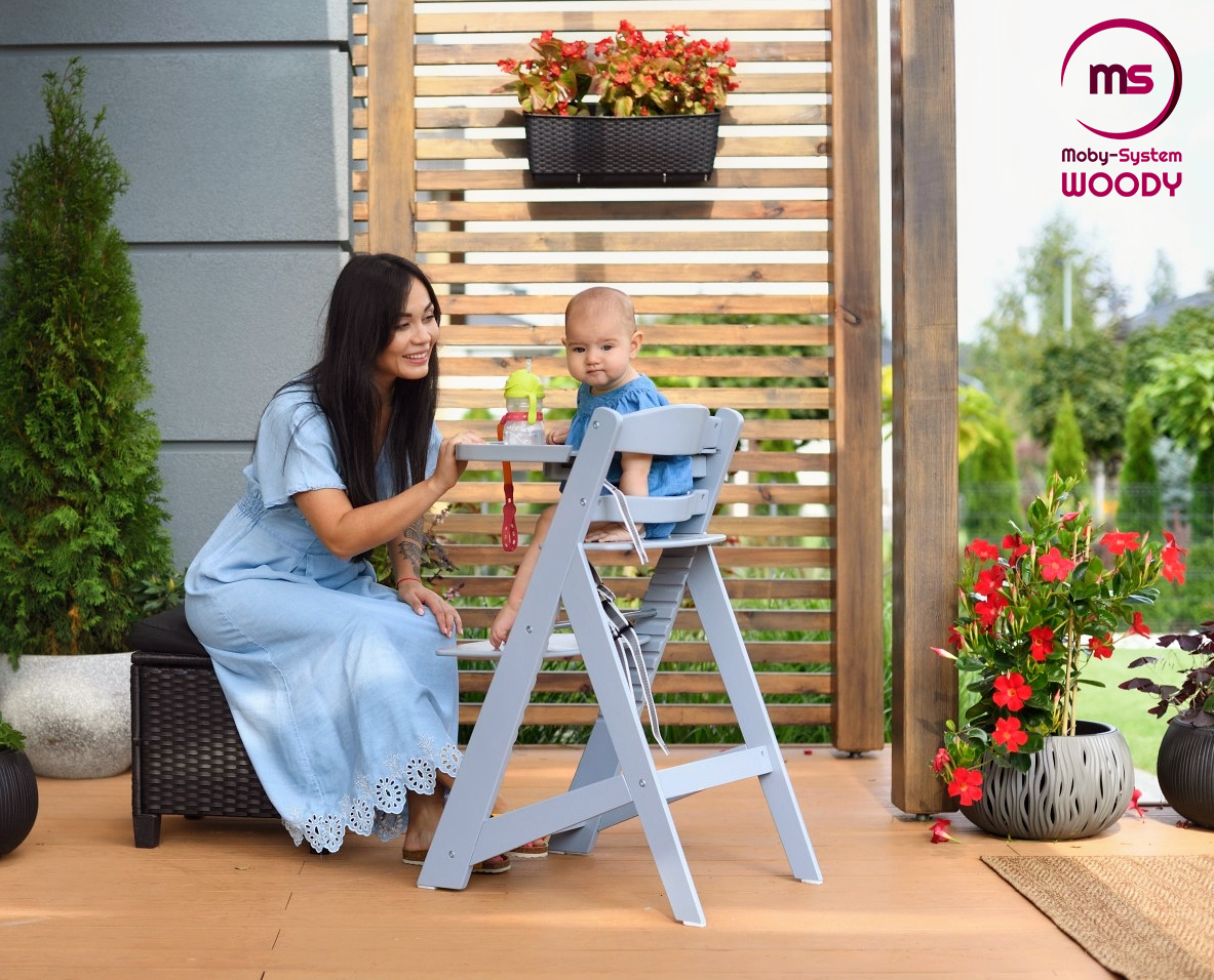 Puinen syöttötuoli Moby-System WOODY - harmaa väri