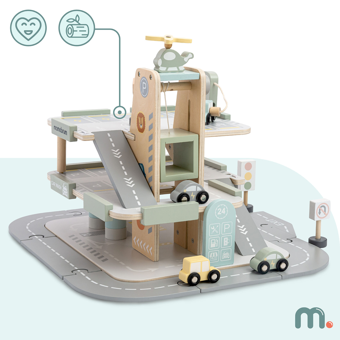 Puinen, kolmikerroksinen lasten autotalli varusteineen – pysäköintialue, huoltoasema, autopesula, helikopteri