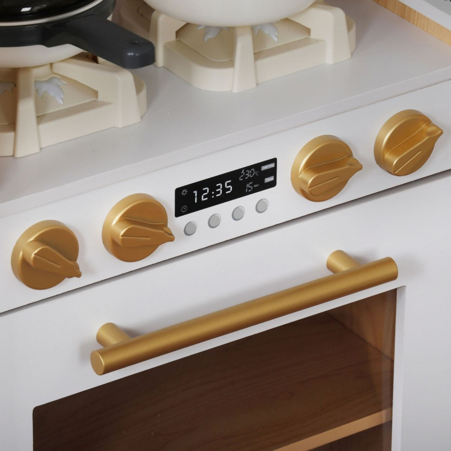 XXXXL suuri puinen interaktiivinen keittiö, jossa on LED-valaistus, pesukone, mikroaaltouuni, kahvinkeitin sekä hedelmä- ja vihannesvalikoima - 50 elementtiä