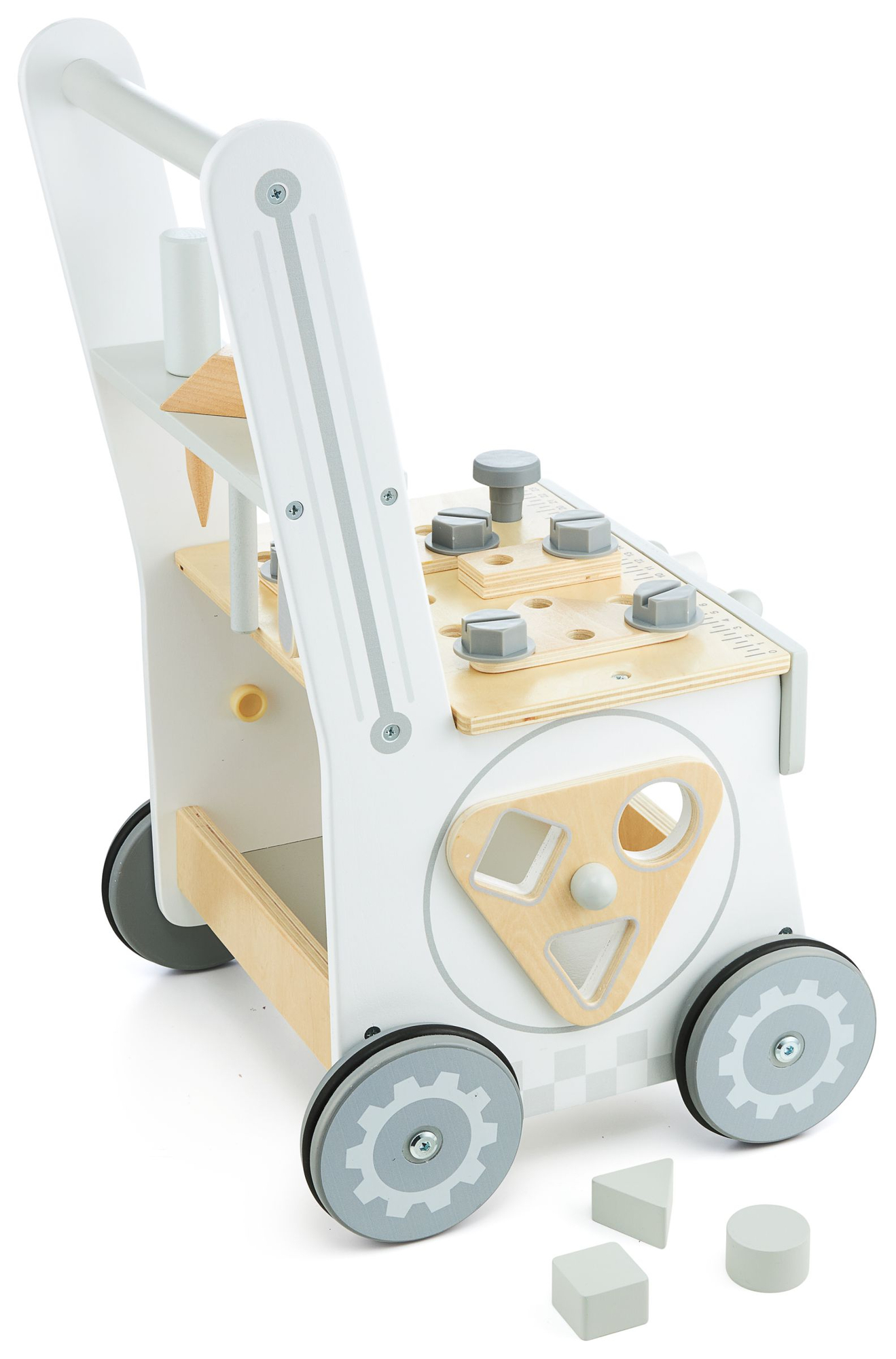 3-in-1 puinen kävelijä, työntöaisa + työpaja - 47 elementtiä