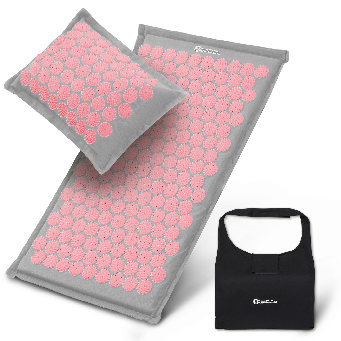 ECO-pellava-akupunktiomatto kookoskuidulla ja tattarityynyllä – 68 cm HyperMotion harmaa ja pinkki