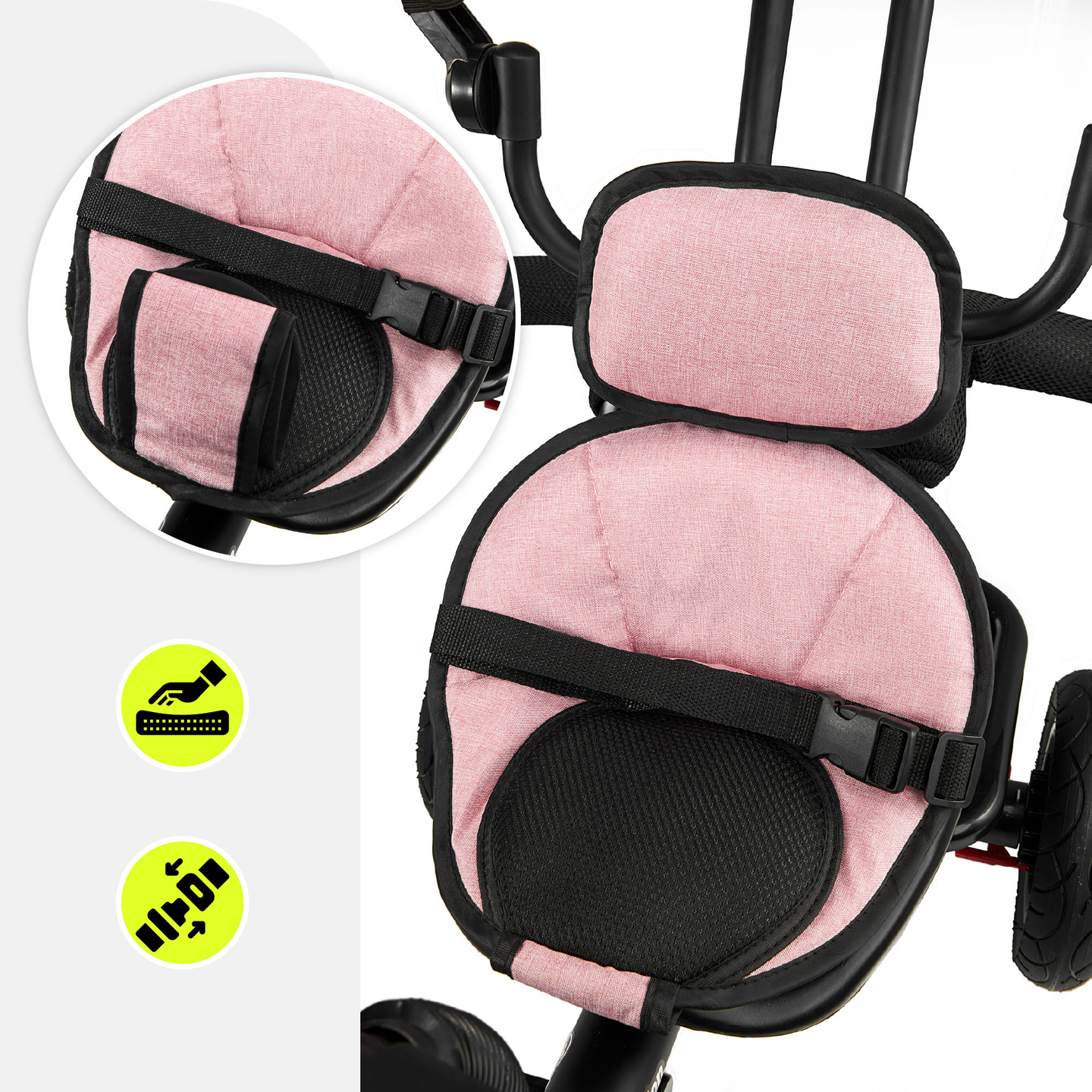 Kolmipyörä 1-4-vuotiaille lapsille - TOBI FREY - vaaleanpunainen väri - kääntyvä - pumpatut pyörät + työntöaisa