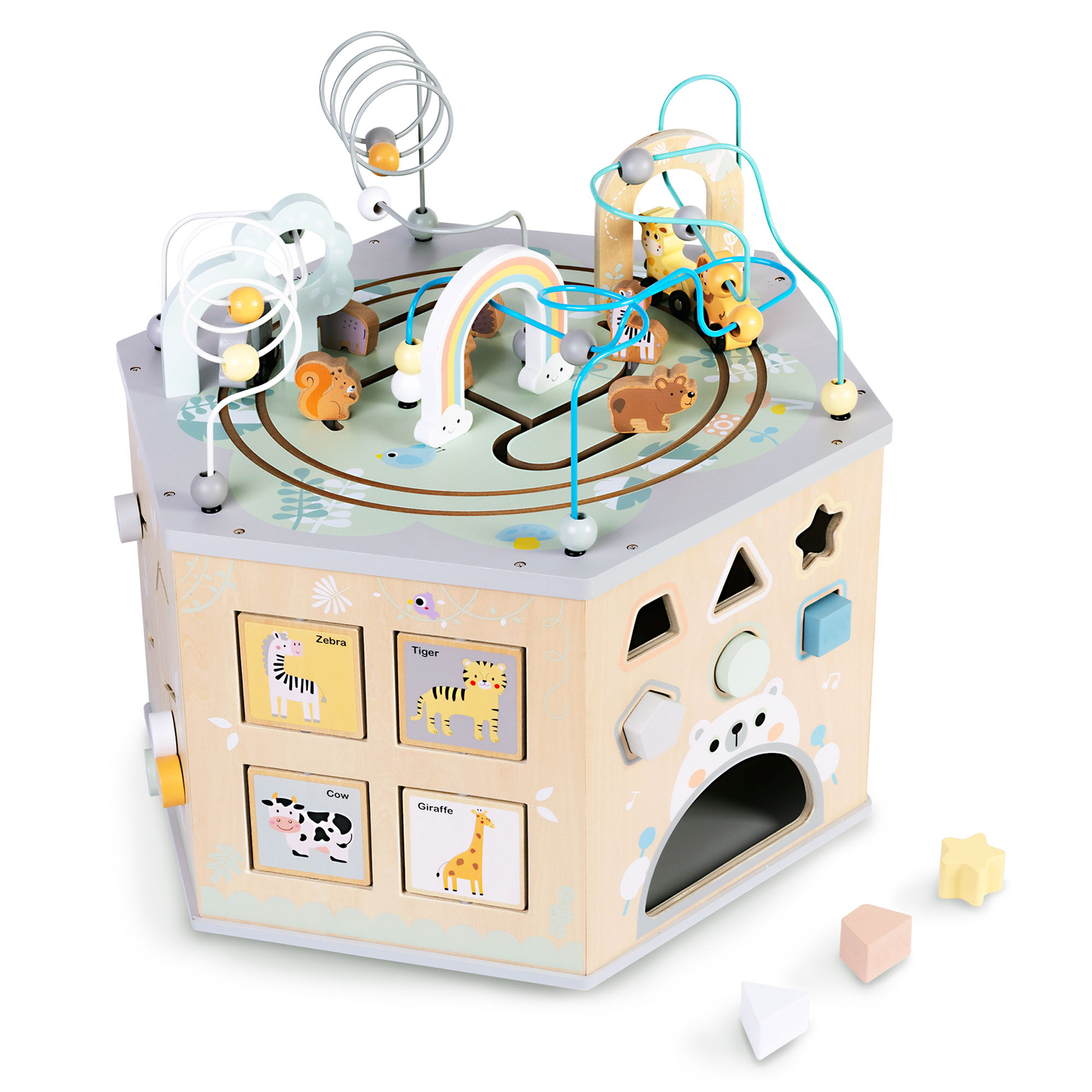 Suuri puinen opetuskuutio - Montessori-lelu, jossa on magneettijuna ja moottorilenkit