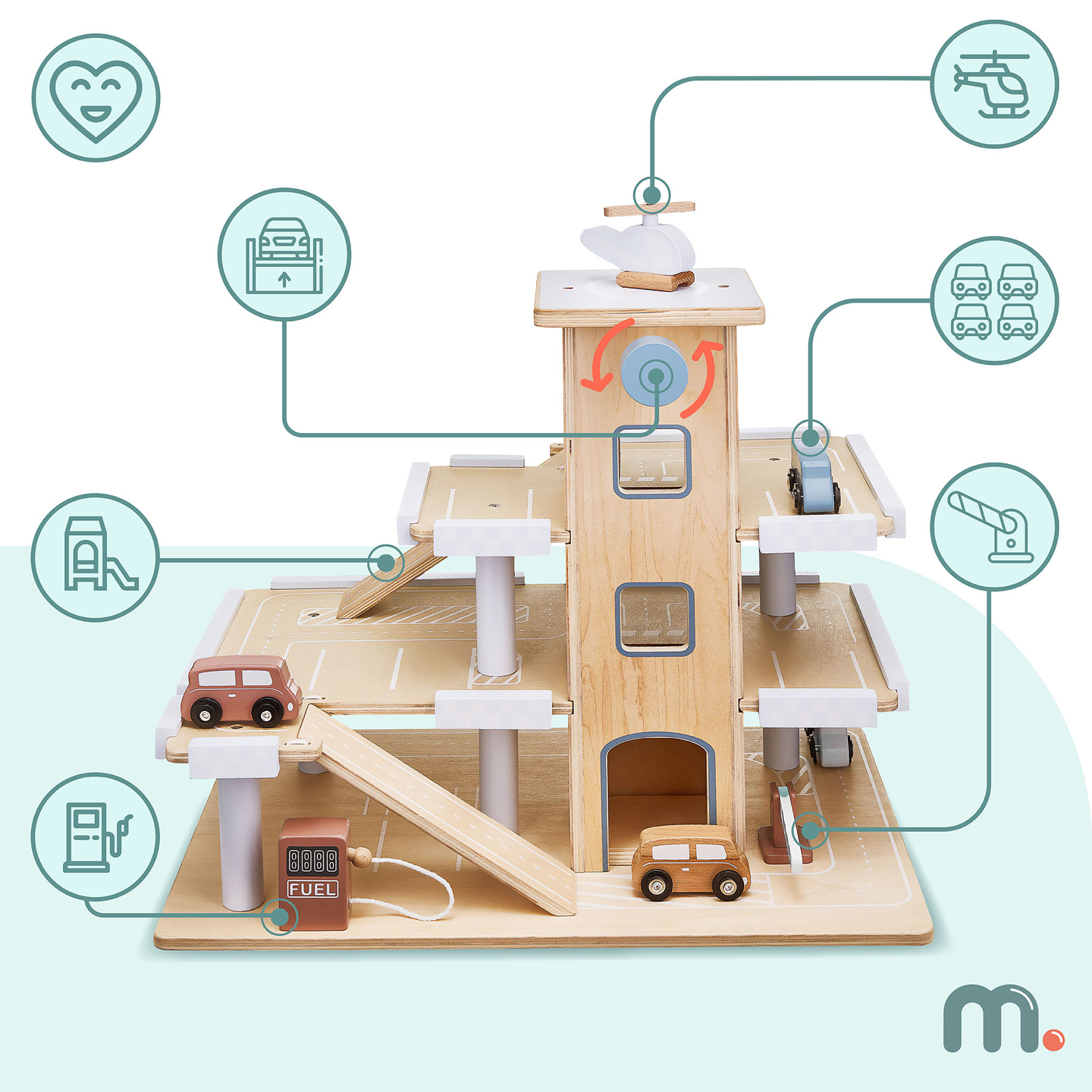 Puinen kolmikerroksinen parkkihalli, jossa on hissi - autotalli, jossa on autoja ja helikopteri