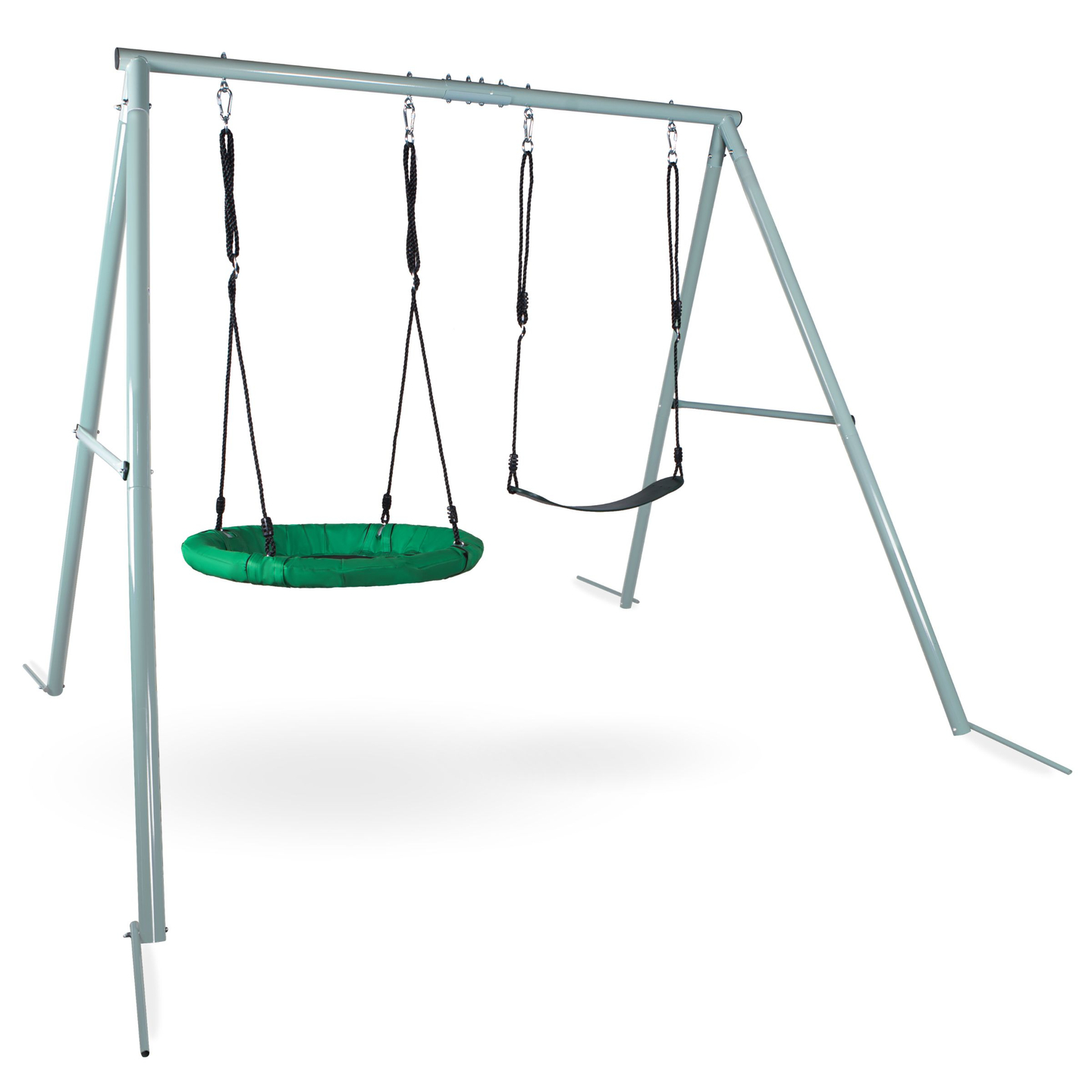 Kaksinkertainen puutarhakeinu rungolla ja köysillä - istuin ja haikarapesä