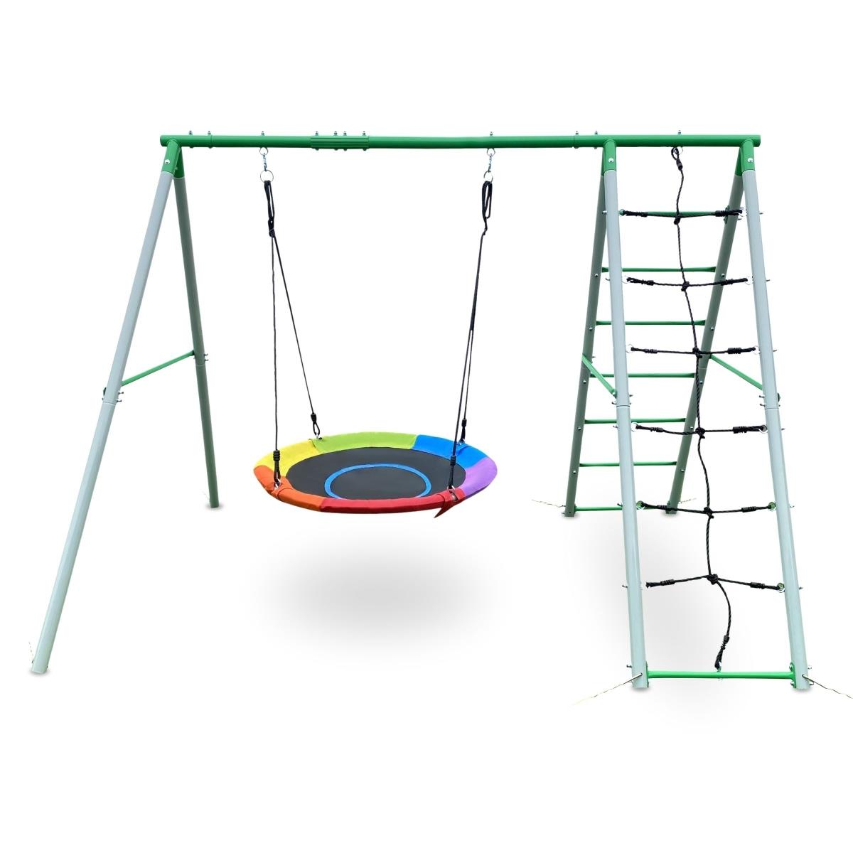 Lasten XL puutarhaleikkipaikka, jossa haikarapesäkeinu, tikkaat ja kiipeilyverkko