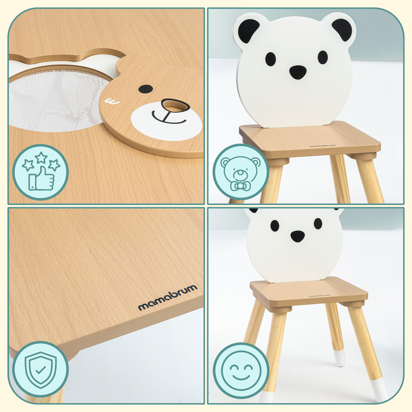 Puinen pöytä säilytystilalla ja 2 tuolia. Lasten setti - Söpö nallekarhu