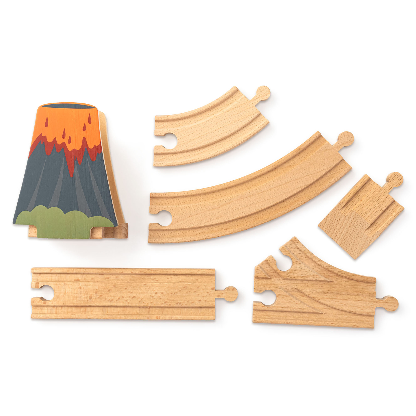 Dino Park puinen juna liukumattomalla matolla - dinosaurukset, juna, raiteet, tulivuori, kello