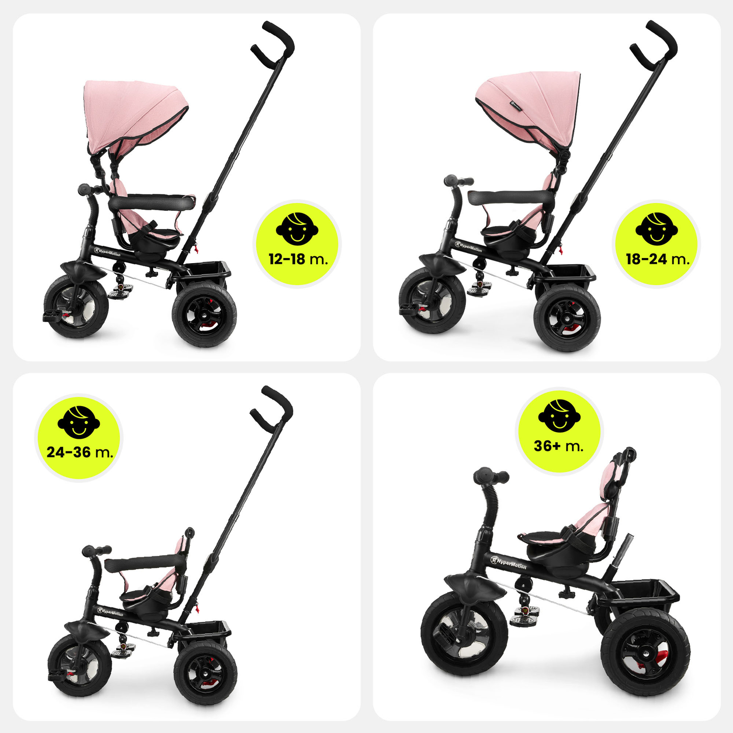 Kolmipyörä 1-4-vuotiaille lapsille - TOBI FREY - vaaleanpunainen väri - kääntyvä - pumpatut pyörät + työntöaisa