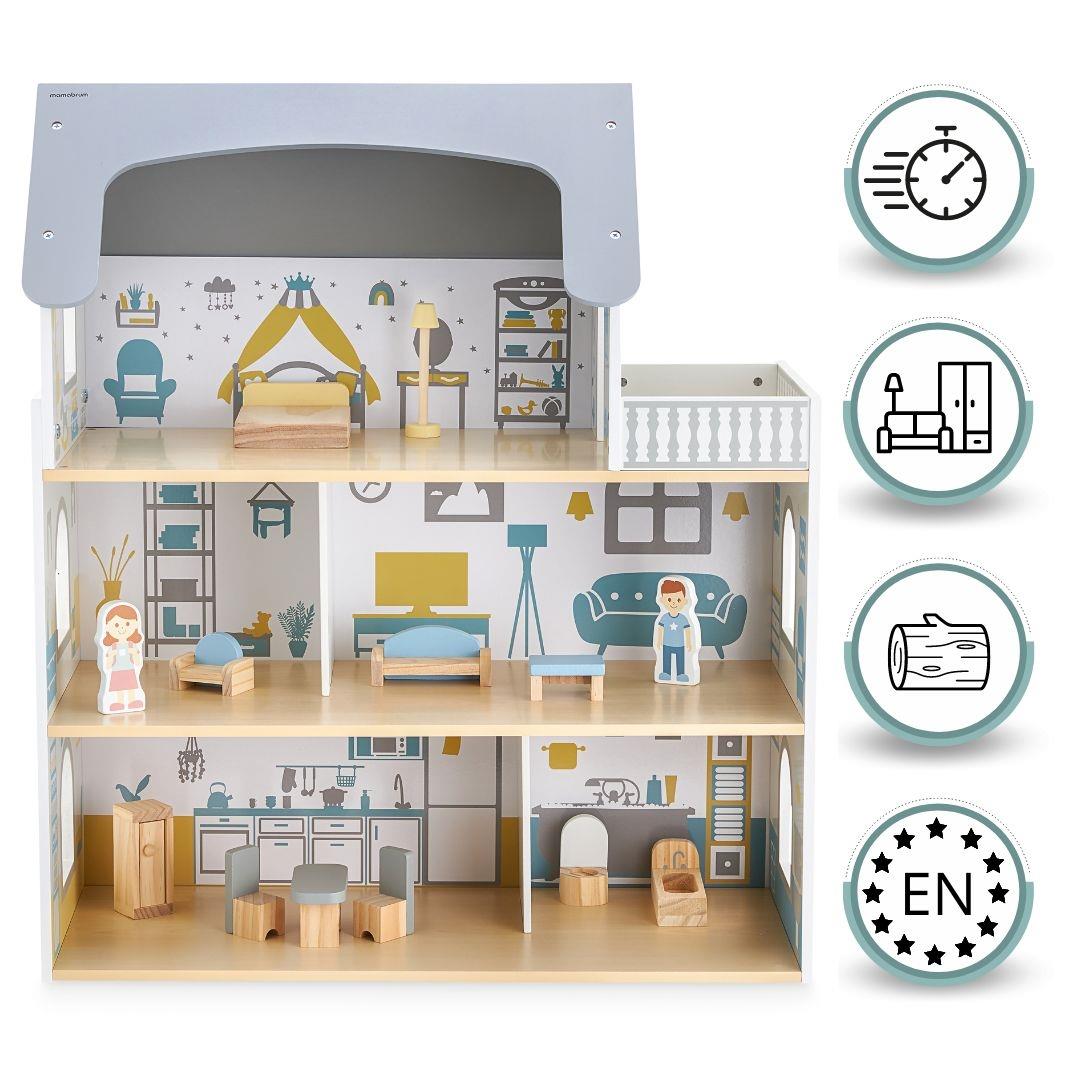 Valkoinen puinen nukkekoti terassilla ja tarvikkeilla