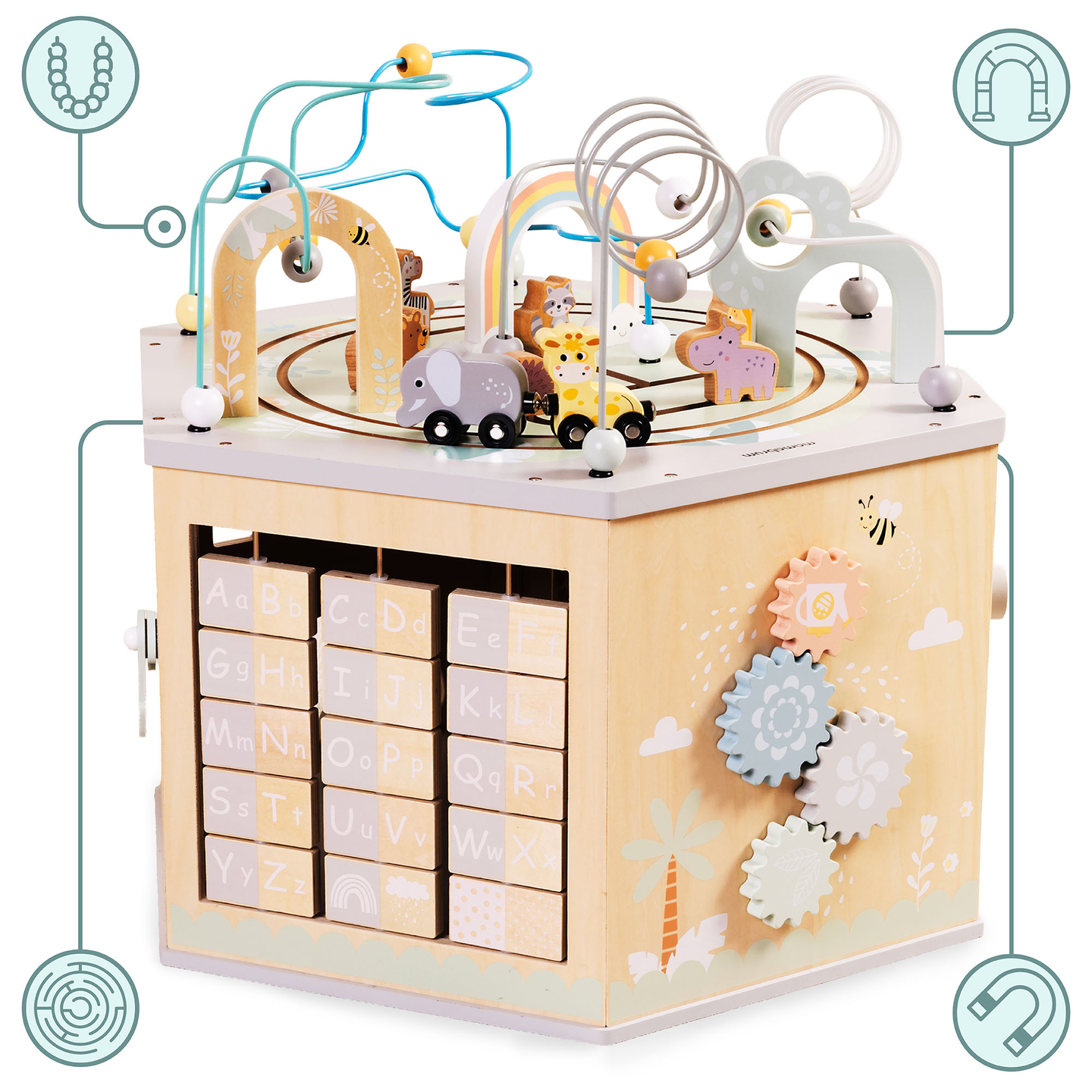 Suuri puinen opetuskuutio - Montessori-lelu, jossa on magneettijuna ja moottorilenkit