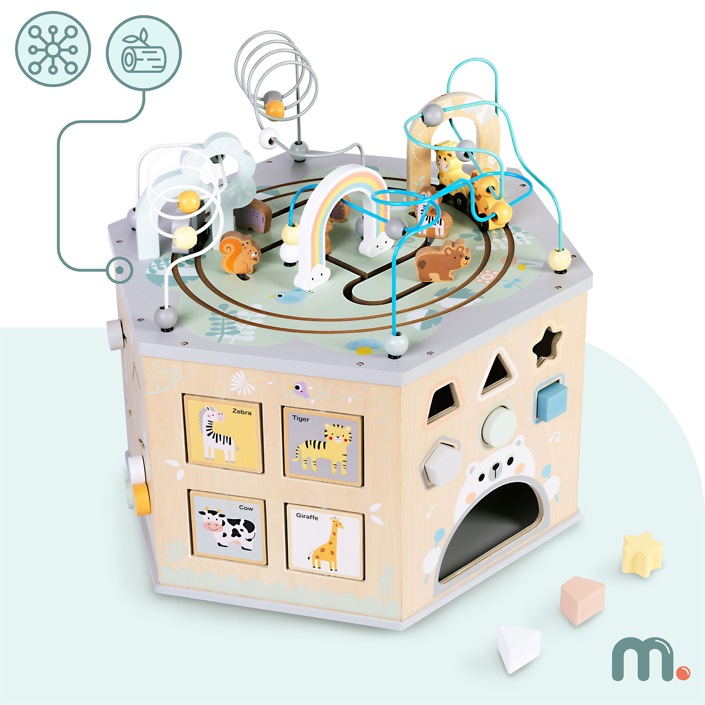 Suuri puinen opetuskuutio - Montessori-lelu, jossa on magneettijuna ja moottorilenkit