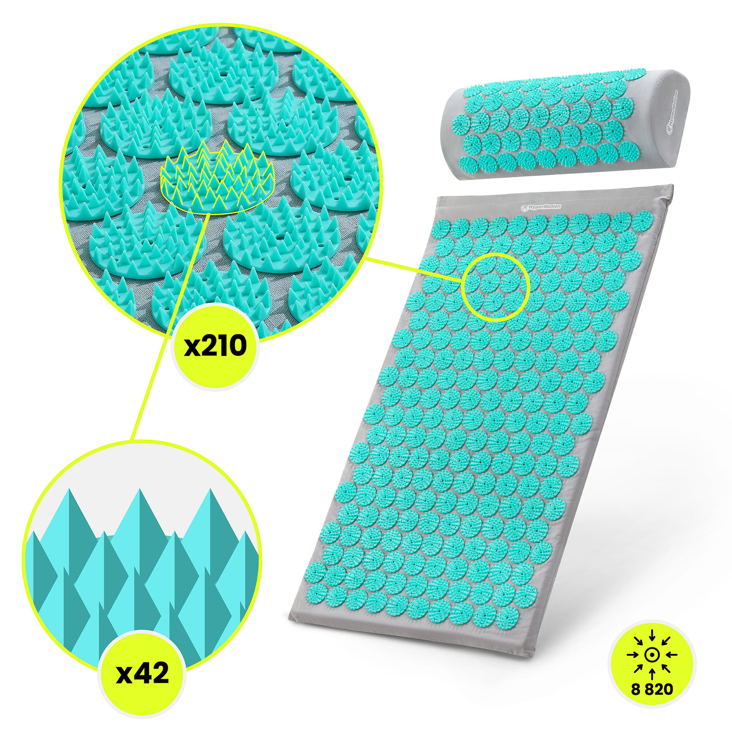 Akupunktiomatto tyynyllä ja päällisellä - 72 cm HyperMotion harmaa-minttu