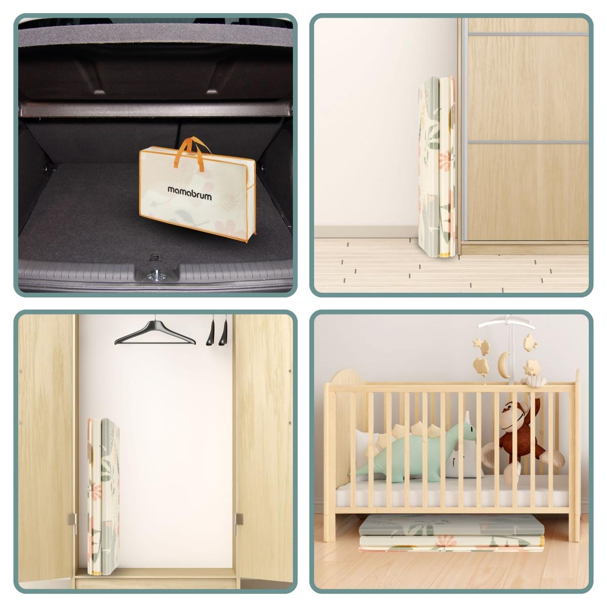 Kaksipuolinen kokoontaitettava vaahtomuovimatto 180 x 120 x 1cm - Eksoottiset elefantit / Hento harmaa