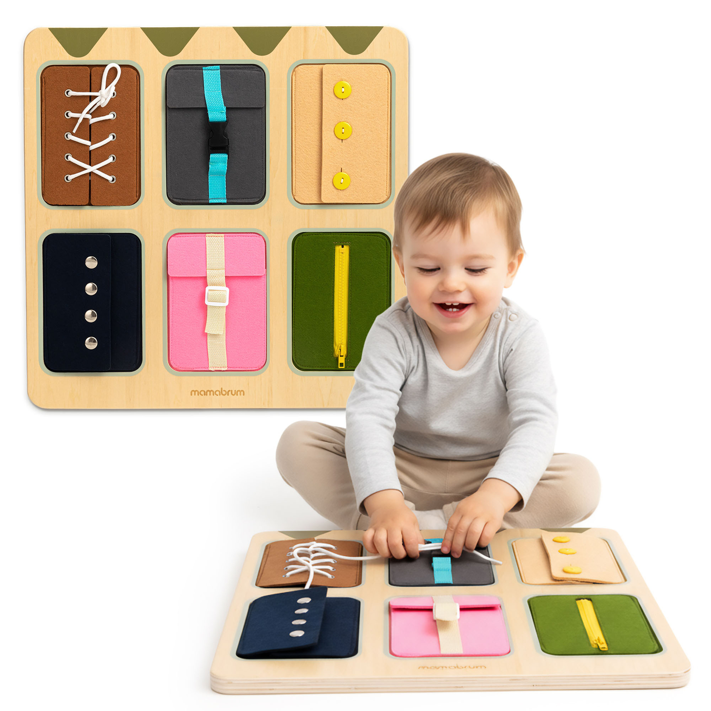 Puinen Montessori-manipulaatiolauta – Aistillinen itsenäisyyden oppiminen - nauhat, soljet, napit, nepparit, vetoketju