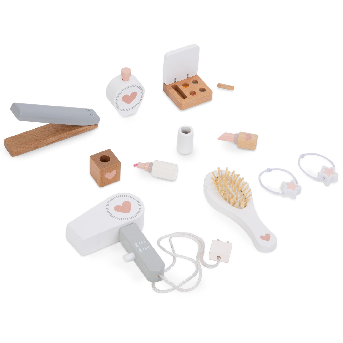 Puinen pukeutumispöytä jakkaralla ja lisävarusteilla