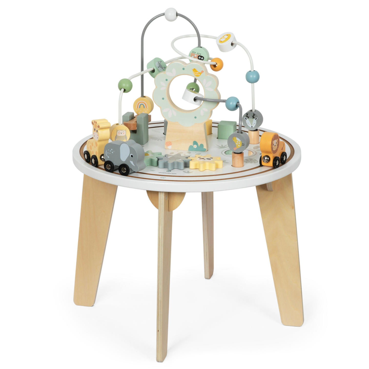 Puinen pyöreä opetuspöytä magneettijunalla ja helmenheittimellä