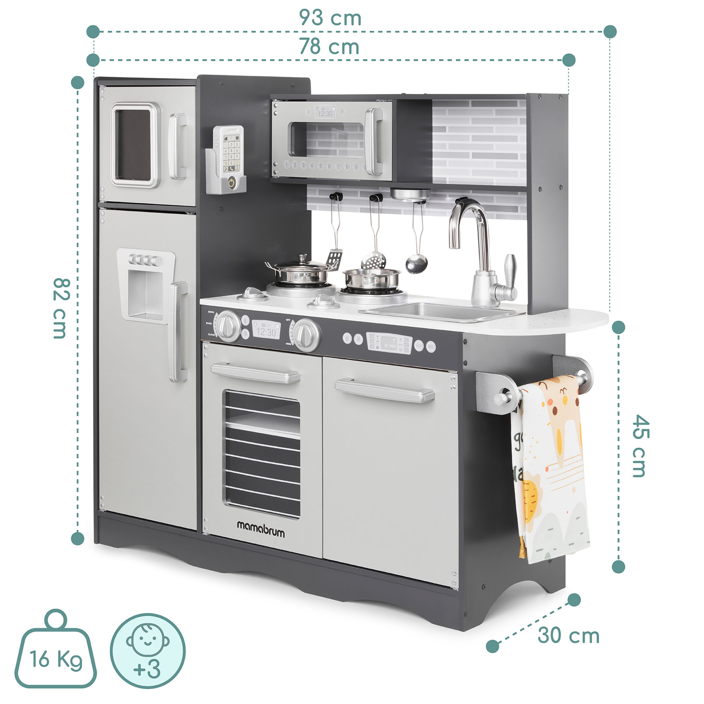 XXL puinen keittiö LED-valaistuksella, esiliina ja lisävarusteet