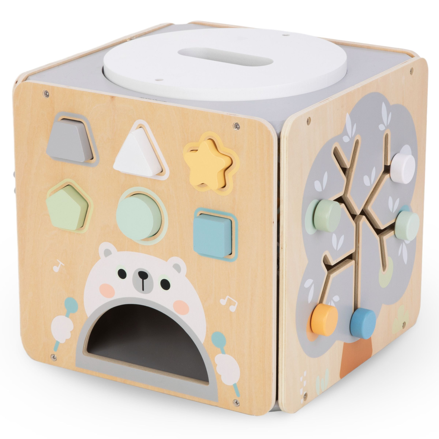 Suuri puinen toimintakuutio, jossa on silmukka - Montessori