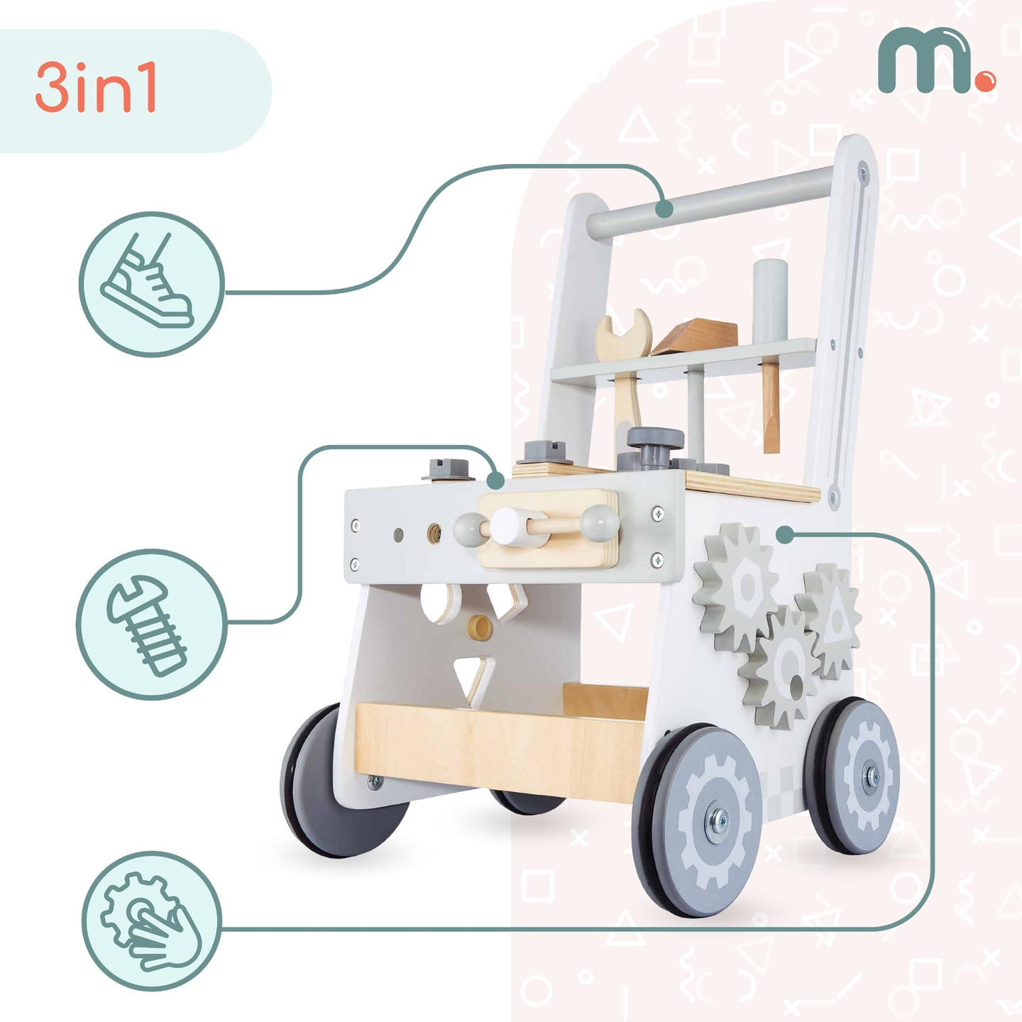 3-in-1 puinen kävelijä, työntöaisa + työpaja - 47 elementtiä