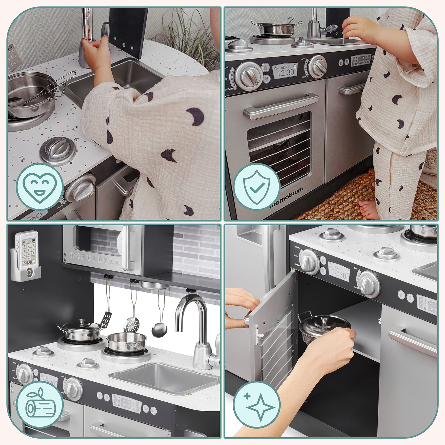 XXL puinen keittiö LED-valaistuksella, esiliina ja lisävarusteet