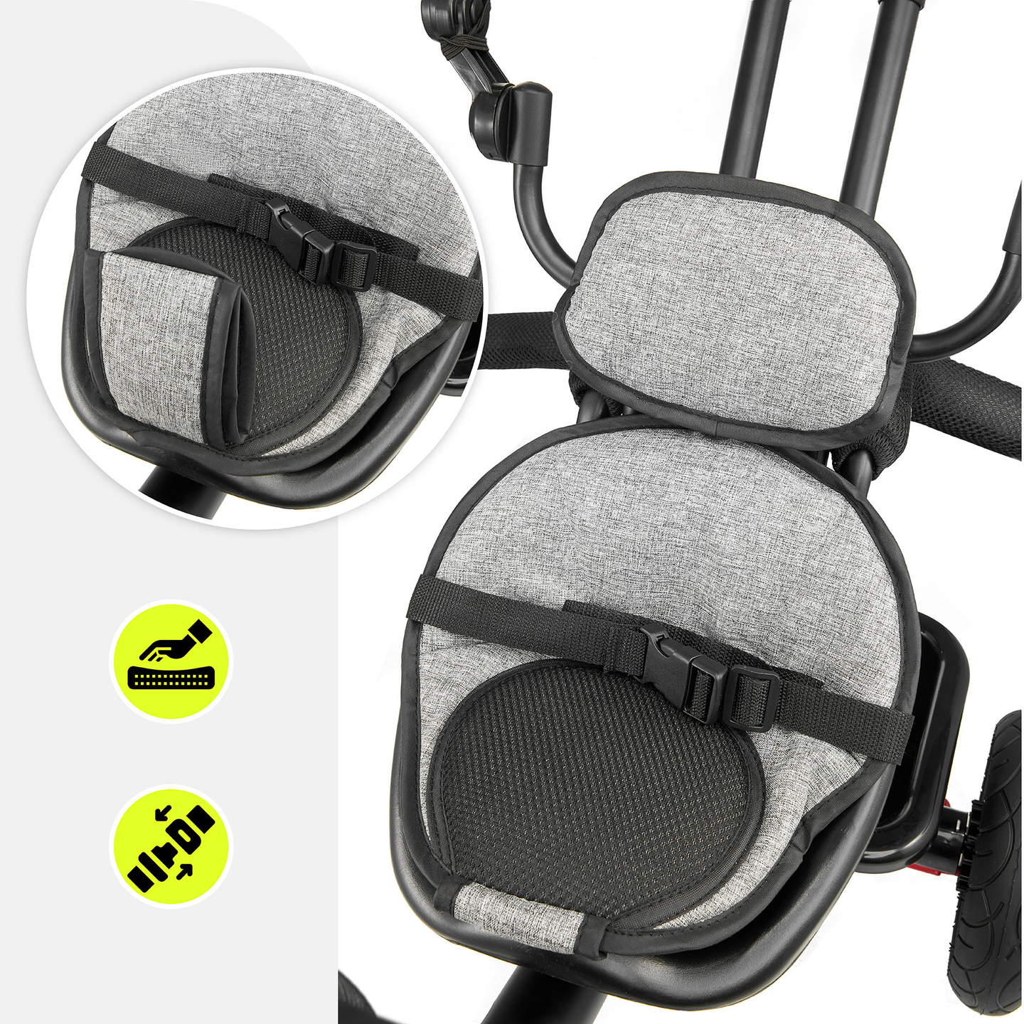 Kolmipyörä 1-4-vuotiaille lapsille - TOBI FREY - harmaa väri - kääntyvä - pumpatut pyörät + työntöaisa