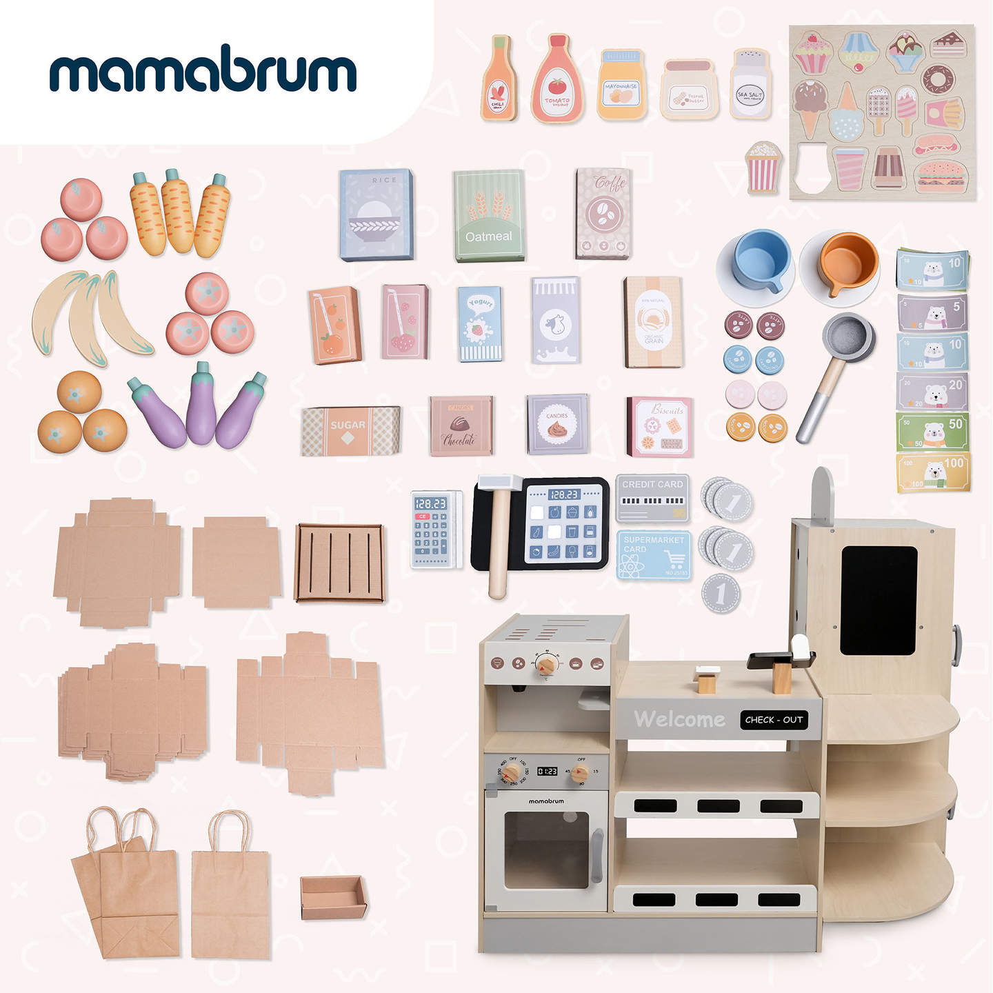 Suuri puinen XXXL-myymälä lapsille pikaruokapalkalla - Kulmakauppa + kahvinkeitin + uuni + jääkaappi - 106 ac.