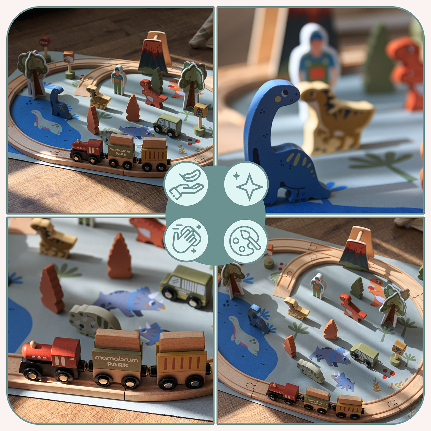 Dino Park puinen juna liukumattomalla matolla - dinosaurukset, juna, raiteet, tulivuori, kello