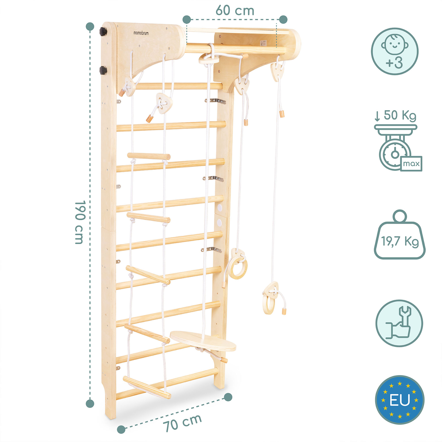 Puiset lasten voimistelutikkaat lisävarusteineen - lautaskeinu, voimistelurenkaat ja köysitikkaat