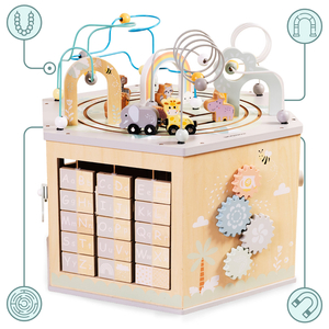 Suuri puinen opetuskuutio - Montessori-lelu, jossa on magneettijuna ja moottorilenkit