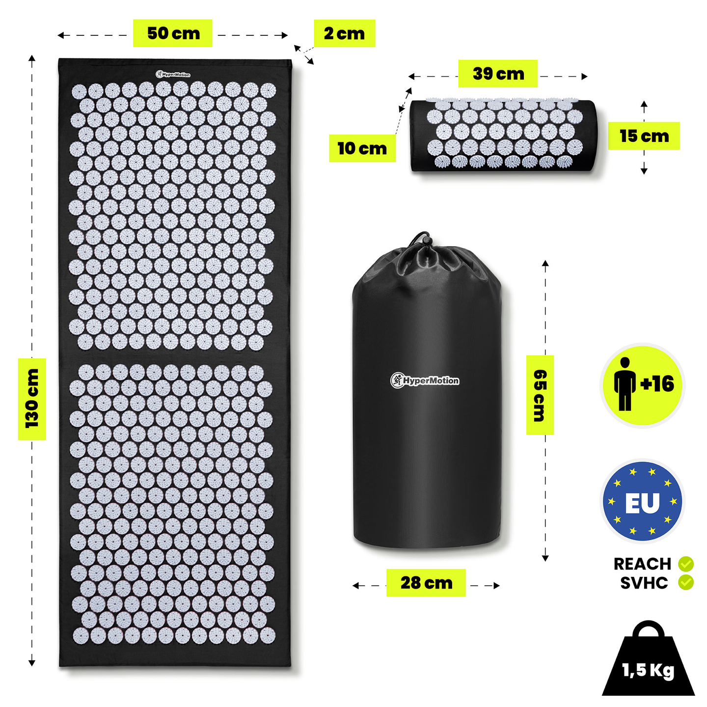 Suuri akupunktiomatto tyynyllä ja päällisellä - 130 cm HyperMotion mustavalkoinen