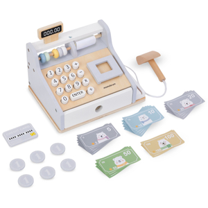 Puinen kassakone lisävarusteineen