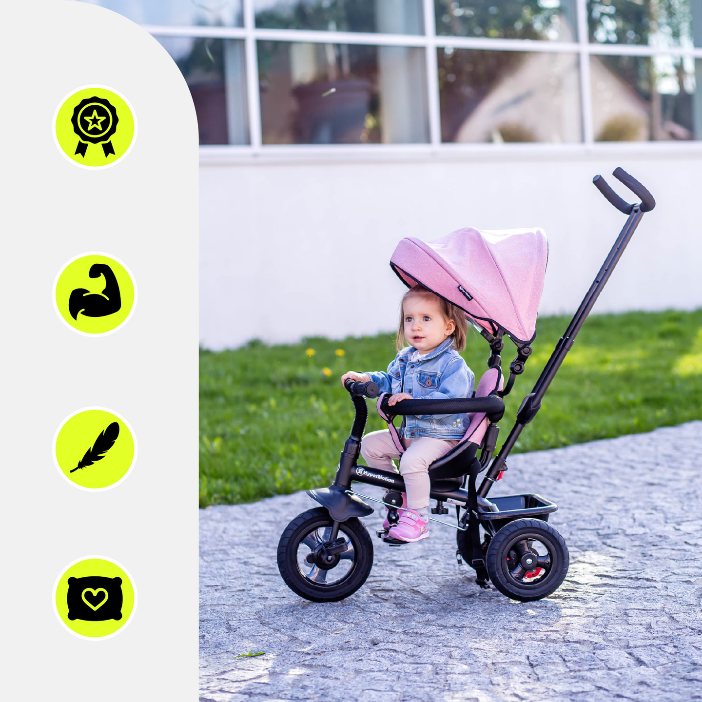 Kolmipyörä 1-4-vuotiaille lapsille - TOBI FREY - vaaleanpunainen väri - kääntyvä - pumpatut pyörät + työntöaisa