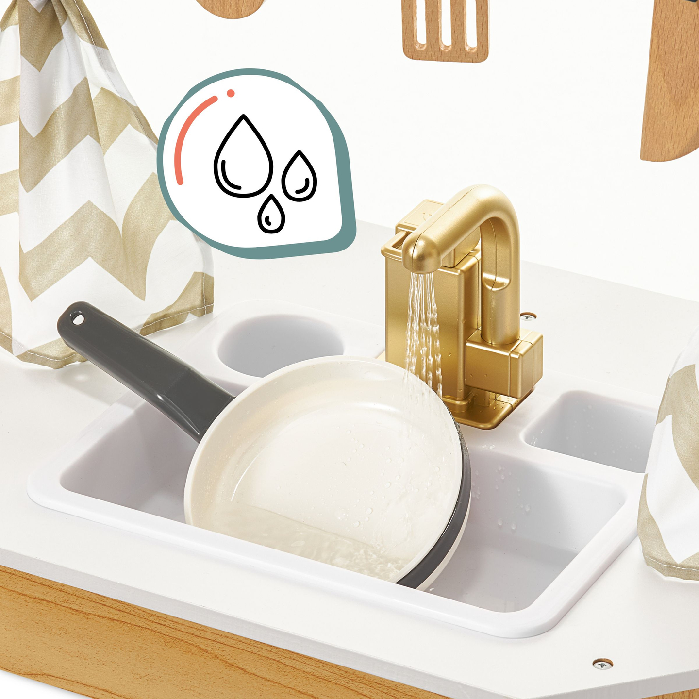 XXXXL suuri puinen interaktiivinen keittiö, jossa on LED-valaistus, pesukone, mikroaaltouuni, kahvinkeitin sekä hedelmä- ja vihannesvalikoima - 50 elementtiä