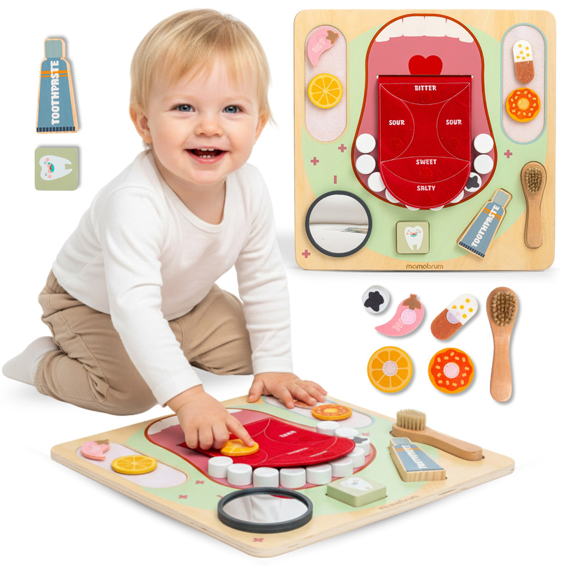Puinen Montessori-opetuslauta Pieni hammaslääkäri - hammasharja, hammastahna, irrotettavat hampaat, peili, ruoka, makujen oppiminen