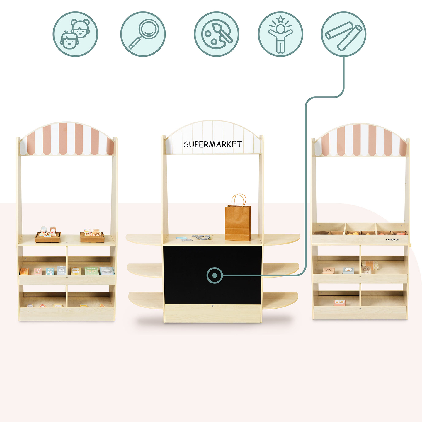 Suuri puinen lastenkauppa liitutaululla - 91 osaa shoppailun iloon!